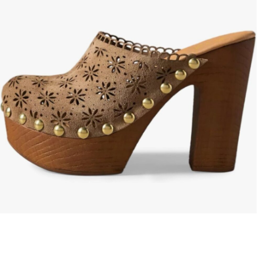 FOWT Tan Studded Round Toe Floral Cut Out Platform Mules Chunky Heel Sandals